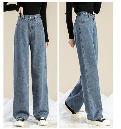 Thickened Fleece Lined Retro Women's Wide Leg Jeans Winter New Style Hong Kong Flavor Small Size Straight Cut Warm Trousers