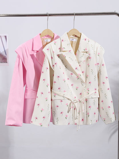 Lace Up Shoulder Pad Blazer Coat Women Elegant Turn-down Collar Long Sleeve Pockets Slim Fit Coats Chic Ladies Commute Outerwear