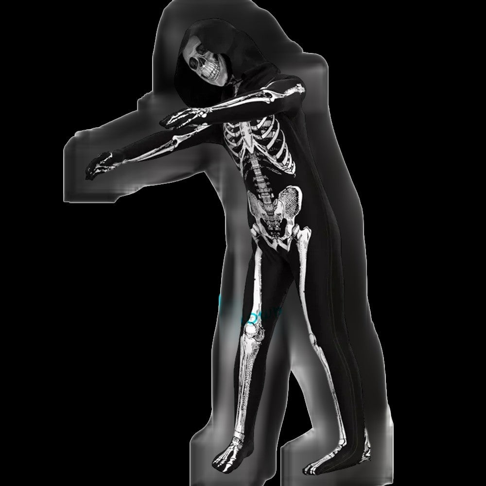 Child Skeleton Horror Hooded Costume Kids Grim Reaper Spooky Skeleton Bodysuit Jumpsuit Scary Halloween Party Role Play Costume
