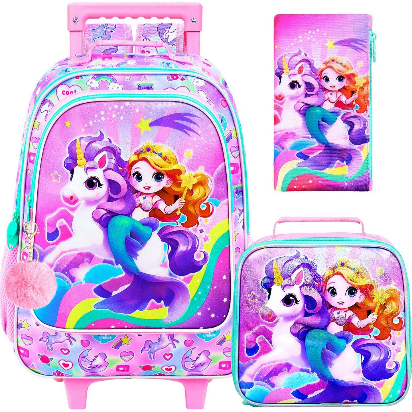 4PCS Rolling Bookbag for Girls, Cute Kids Mermaid Wheeled Backpack?Unicorn Roller School Bag with Wheels for Elementary Preschoo