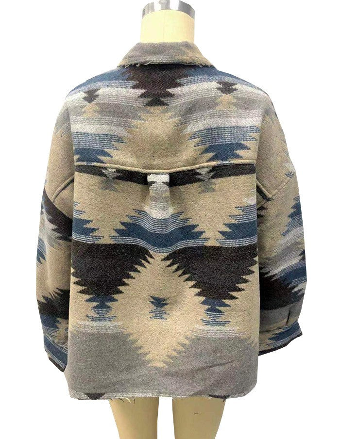 Vintage Jacket Women Splicing Loose Jacket Denim Print Aztec Retro Ethnic Style Long Sleeved Shirt Streetwear Female Goth Coat