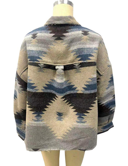 Vintage Jacket Women Splicing Loose Jacket Denim Print Aztec Retro Ethnic Style Long Sleeved Shirt Streetwear Female Goth Coat