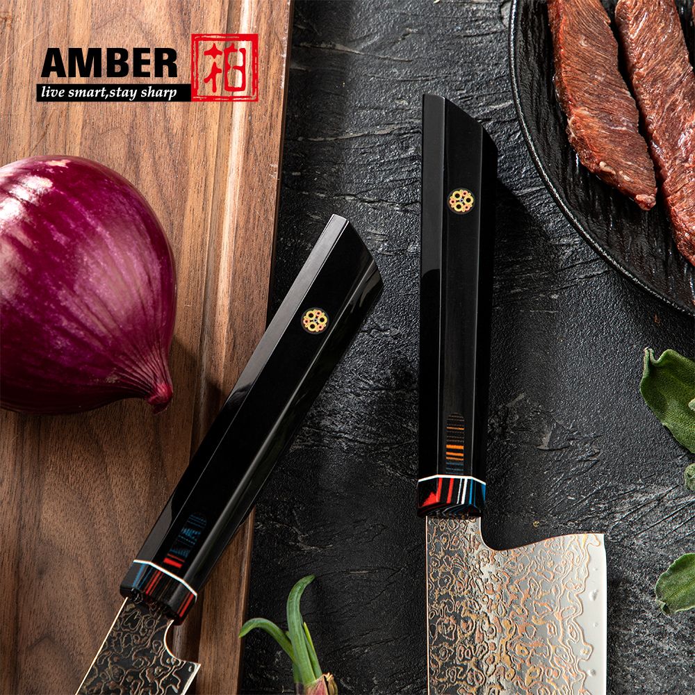 Amber VG10 Damascus Steel Kitchen Knife Set with Resin Handle, Damascus Chef Knife Set, Latest Styles, 37Layers, VG10