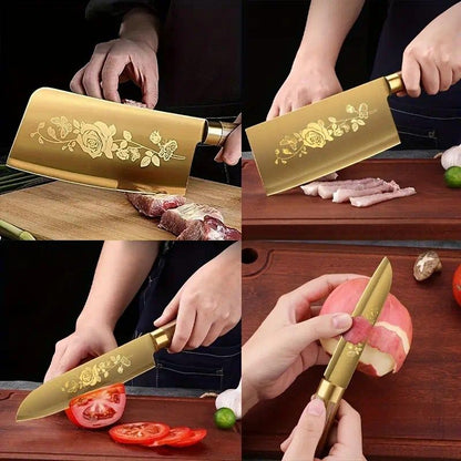 Conjunto de 4 Facas de Cozinha com Revestimento de Titânio - Afiadas, Duráveis, Perfeitas para Cortar Carnes e Ossos, para Cozinhas Profissionais e Domésticas
