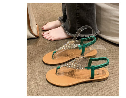 Summer New Flat Transparent Rhinestones Pintoe Women's Sandals, Fashion Casual Light Beach Cool, Shoes Women