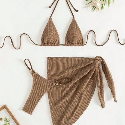 Sexy Brown Bikini Set 2025 Women Halter Push Up Bra Skirt 3 Piece Swimsuit Summer Bathing Suit Cover Up Thong Swimwear Biquini
