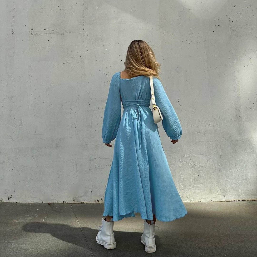 Lace-up Square Collar Sexy Dress Women Autumn Lantern Sleeve Solid Cotton Slit R