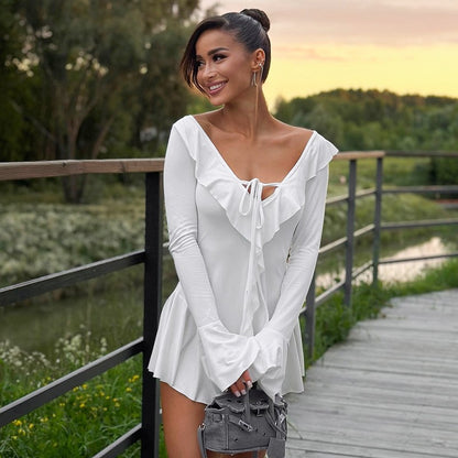 Ruffled Lace-Up White Mini Dress Women's V-Neck Patchwork Long Sleeve Sexy Slim