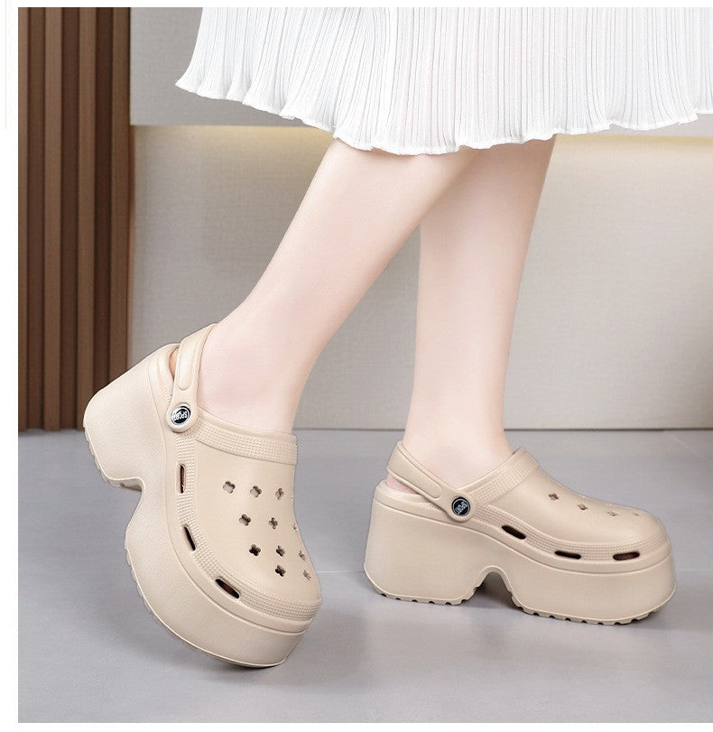 9CM Thick Women's Sandals 2024 New Summer Slippers High Heel Soft Sole Beach Garden Shoes Outdoor Waterproof Women's Hole Shoes