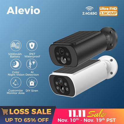 ALEVIO 2.5K Outdoor Solar Camera Wireless Cam WIFI Ultra Standby Time PIR Motion Light Color Night Vision AI Detect Battery Cam