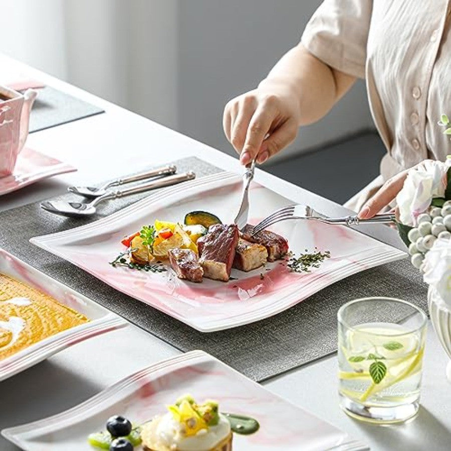 Modern 30Piece Porcelain Dinnerware Set in Pink for 6 People Includes Plates Bowls Cups Saucepans and Square Dishes Elegant Ser