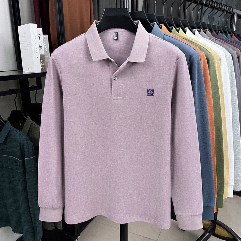 100% pure cotton spring and autumn fashionable men's collar striped long sleeved polo shirt brand embossed casual T-shirt