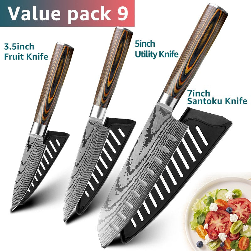 Conjunto de Facas de Cozinha 1-7PÇS Faca de Chef Japonesa Santoku 7CR17 Aço Inoxidável 440C Faca de Imitação de Damasco Cutelo de Carne Fatiador