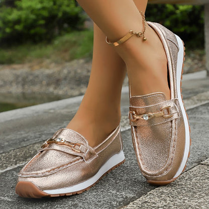Gold Silver Metal Chain Flats Shoes Women Spring Autumn Plus Size Platform Loafers Woman Slip On Soft Bottom Casual Shoes Female