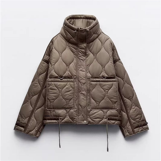 PB&ZA2024 Winter New Women's Clothing Style Simple  Loose  Warm  Windproof  Stand up Collar  Lightweight Cotton Jacket