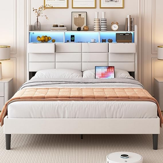 Queen Size LED Bed Frame with Storage, 2 Hidden Drawers, Charging Station, and Velvet Upholstery
