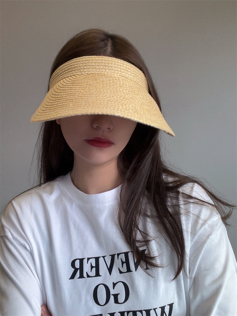 Chapéu de Sol Feminino USPOP de Verão com Aba Grande, Estilo Tiara de Ráfia, Casual e Aberto, para Praia
