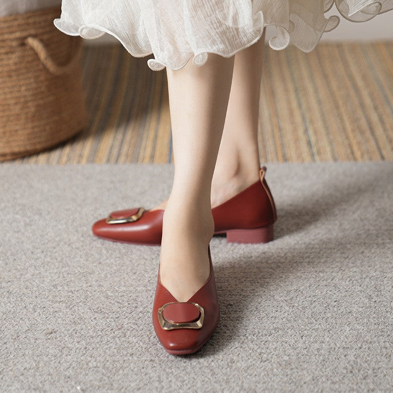 Woman Summer Casual Square Toe Cute Metal Mary Janes Buckle Ballerina Flats Female Bling Elegant Low Heeled Soft Soled Shoes