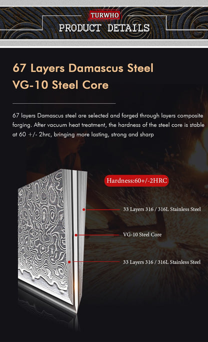 TURWHO 8.5" Kitchen Gyuto Knives 67 Layer Damascus Steel Professional Chef Knife Sharp Meat Cleaver Slicing Kitchenware Tools