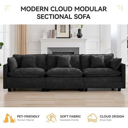 111" Luxury Sectional Deep Seat Couch – Cloud Modern Comfy Chenille Living Room Sofa, 3-Seat Modular Upholstered