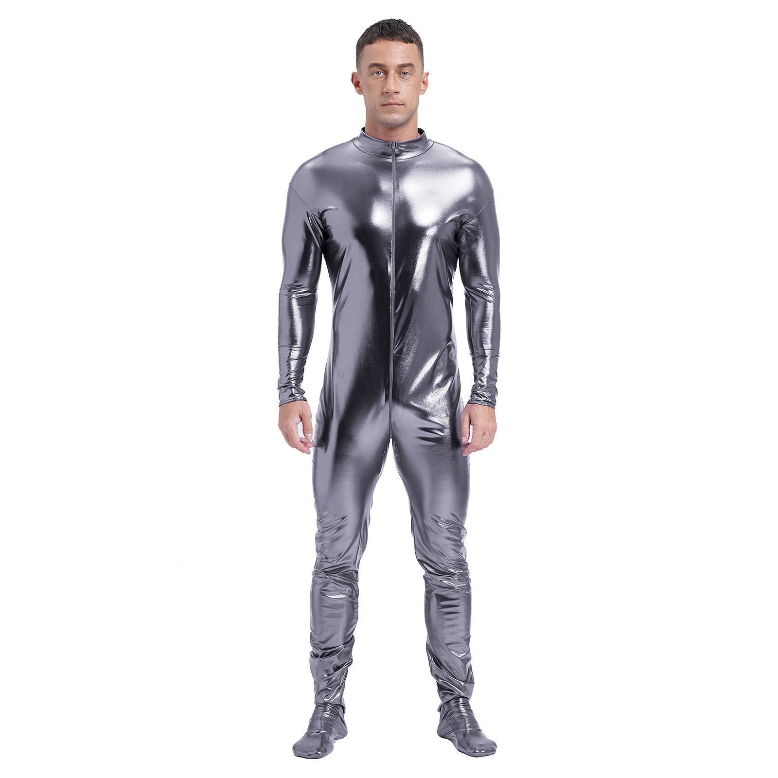 Men's Shiny Metallic Zentai Dress-up Jumpsuit Cosplay Costume Performance Stage Disco Clubwear Full Body Unitard Tights Leotard
