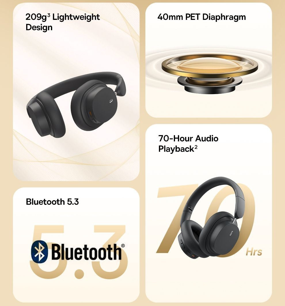 Fone de Ouvido Sem Fio Baseus Bowie D05 Bluetooth 5.3 Fone de Ouvido Nível HIFI Driver de 40mm Dobrável Over Ear 70 Horas de Duração