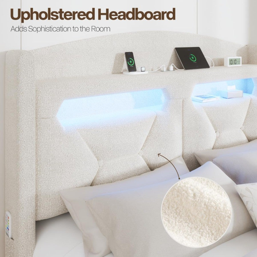 Estrutura de Cama Queen Size com Cabeceira Estofada em Bouclé, Base Plataforma com Armazenamento, Estação de Carregamento, Luzes LED e Espuma Macia