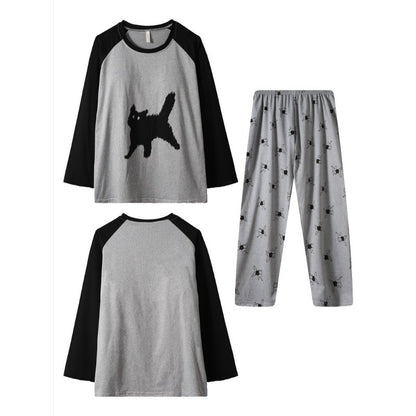 Cartoon HelloKitty Print 2PCS Set Women's Sleepwear with Chest Pad Plus Size Pyjamas Loungewear Crew Neck Loose Pajamas Homewear