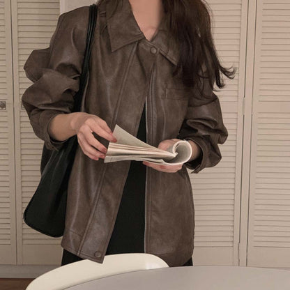 Sli Loose PU Leather Jaet Women's Chic Retro Collar Versatile BF Sle Motorcycle Clothes Trendy Long Sve Zipper