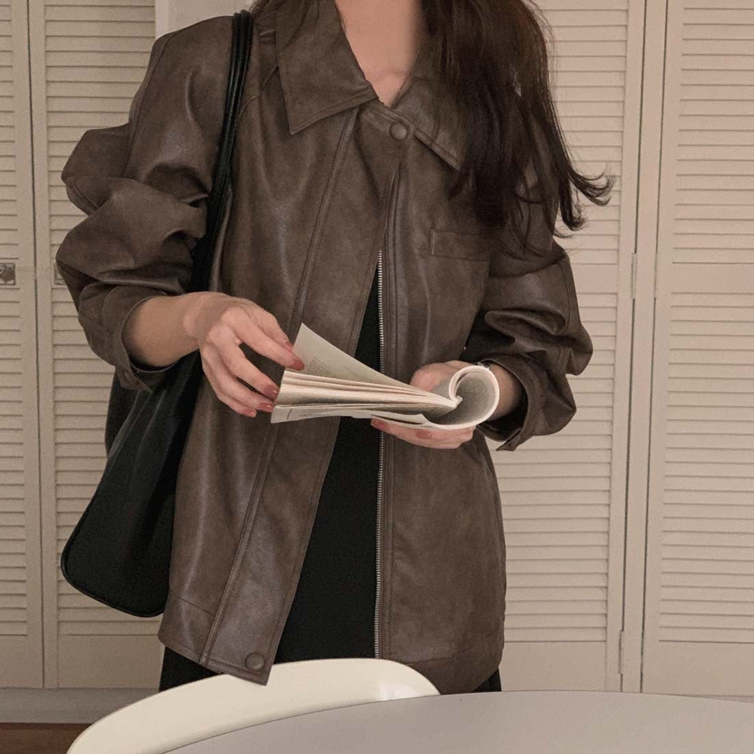 Sli Loose PU Leather Jaet Women's Chic Retro Collar Versatile BF Sle Motorcycle Clothes Trendy Long Sve Zipper