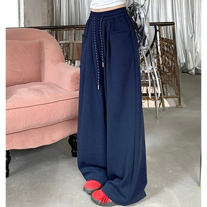 2024 Autumn Women Hip Hop Style Baggy High Waisted Long Pants Lady Versatile Streetwear Solid Color Drawstring Wide Leg Trousers