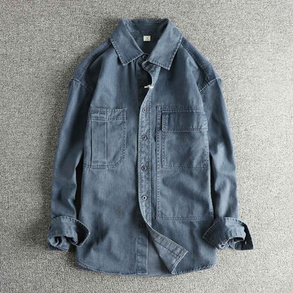 Autumn New Japanese Retro Woven Twill Cargo Shirt Men's Amekaji 100% Cotton Washed Long Sleeve Double Pocket Casual Thin Coat