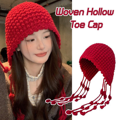 Autumn Winter Women's Hat Hand-knitted Woolen Tassel Cap Beanie Fashion Ear-protecting Cap Outdoor Warmth Headscarf Hat