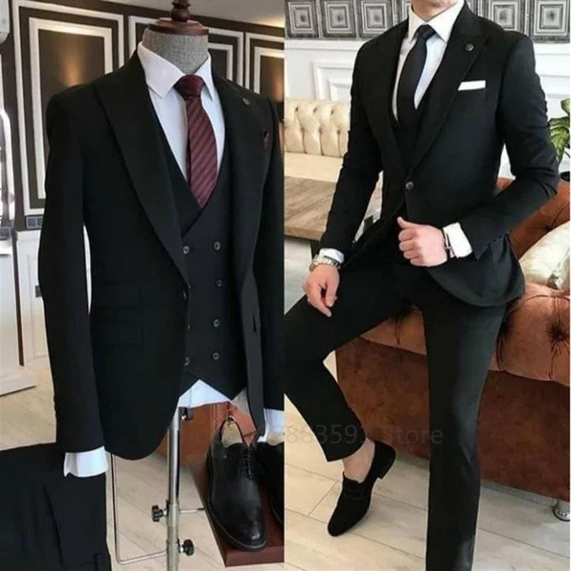 3 PiecesGroom Wear  Green Men Suits 2023 Slim Fit Peak Lapel One Button Wedding Tuxedo Terno Masculino (Jacket+Pants+Vest+Tie?