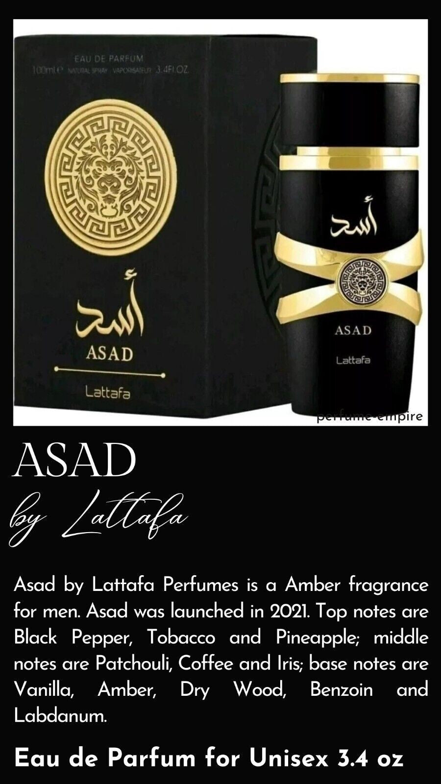 Lattafa Asad Eau De Perfum for Men & Women | Long-Lasting Arabian Fragrance | 3.4 Oz / 100ml | US Stock Best Gift