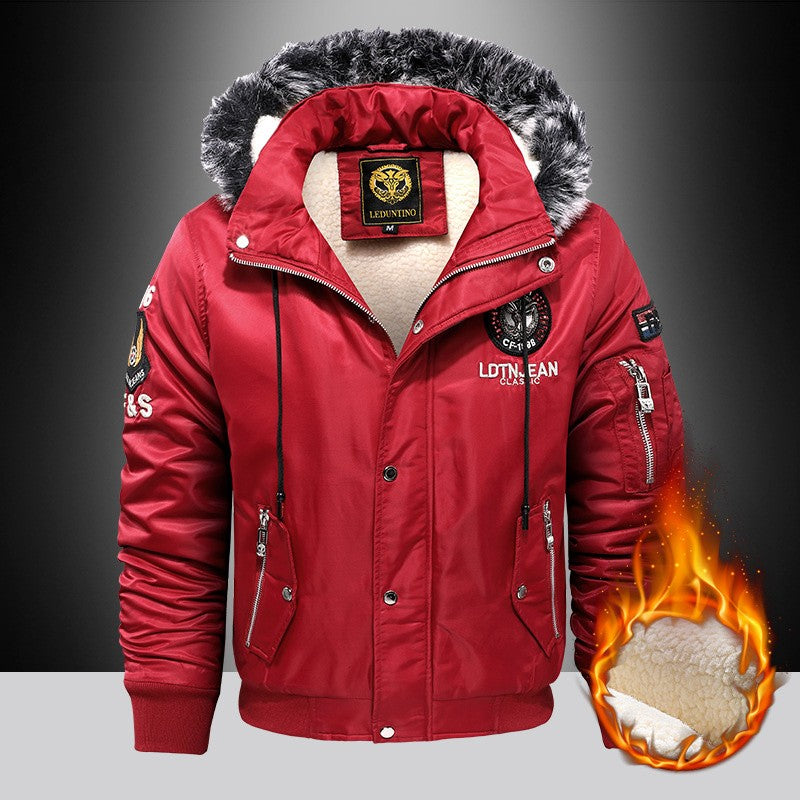 Winter Warm Thickened Hooded Jacket With Raw Edge Lined Aviator Jackets Embroidered Badge Design Outdoor Windproof Men's Coat