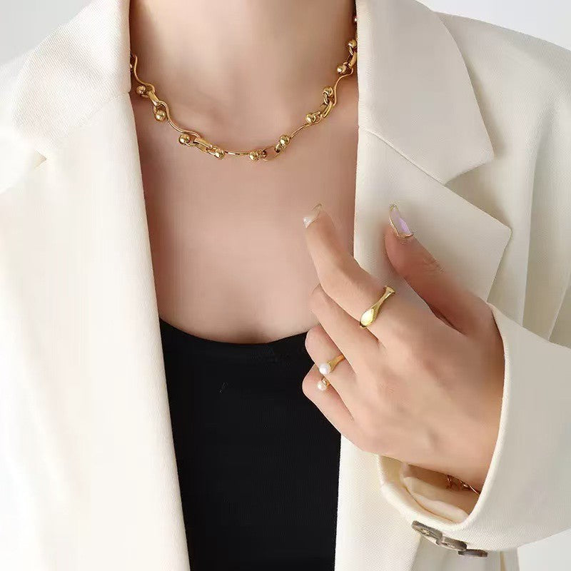 GANEMLY 316L Aço Inoxidável Metal Dourado Cor Contas Corrente Colar Pulseira Conjunto Para Mulheres Correntes Modernas Joias À Prova D'água Novo