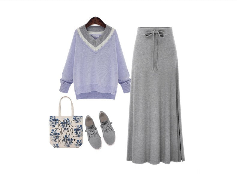 Plus size women's fashionable knitted half skirt high waist slit A-line skirt high stretch ankle length mid length skirt