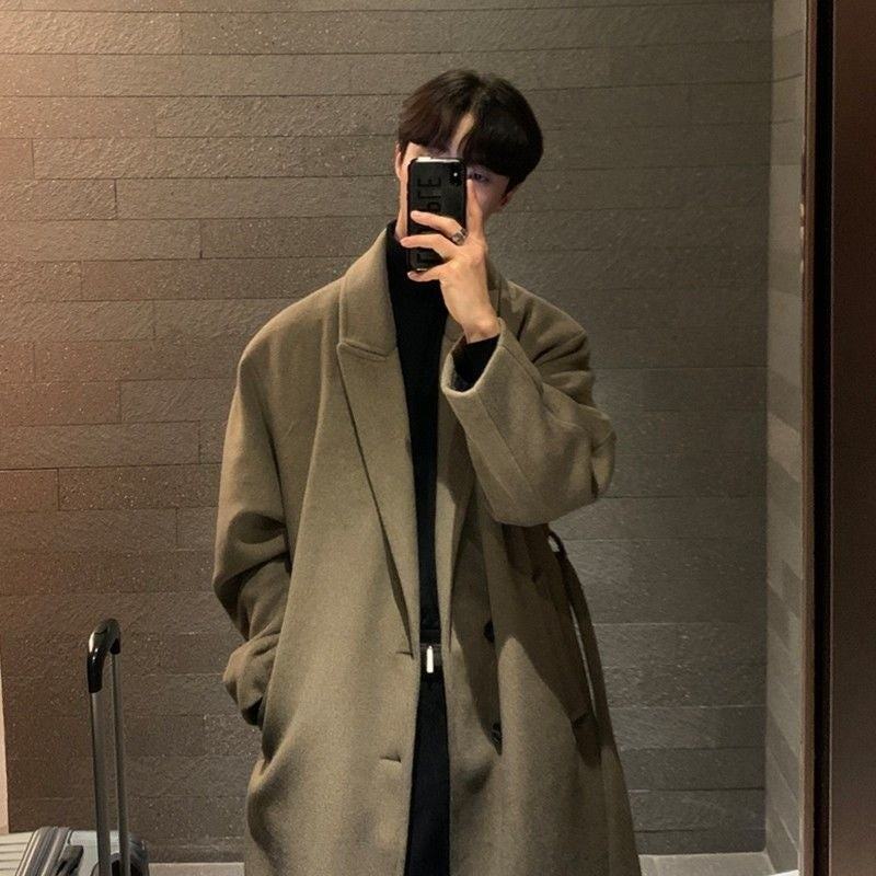 Winter Thickened Woolen Coat Men Warm Fashion Casual Long Woolen Coat Men Korean Loose Oversized Belt Woolen Coat Mens Overcoat