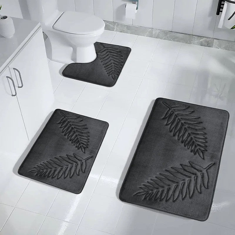 Conjunto de 3 Peças de Tapetes de Banheiro em Espuma de Memória, Ultramacios e Absorventes, com Estampa de Folhas, Tapetes de Banho Grossos e Laváveis Para Vaso Sanitário e Banheira