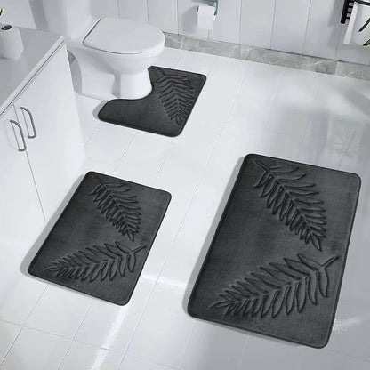 Conjunto de 3 Peças de Tapetes de Banheiro em Espuma de Memória, Ultramacios e Absorventes, com Estampa de Folhas, Tapetes de Banho Grossos e Laváveis Para Vaso Sanitário e Banheira