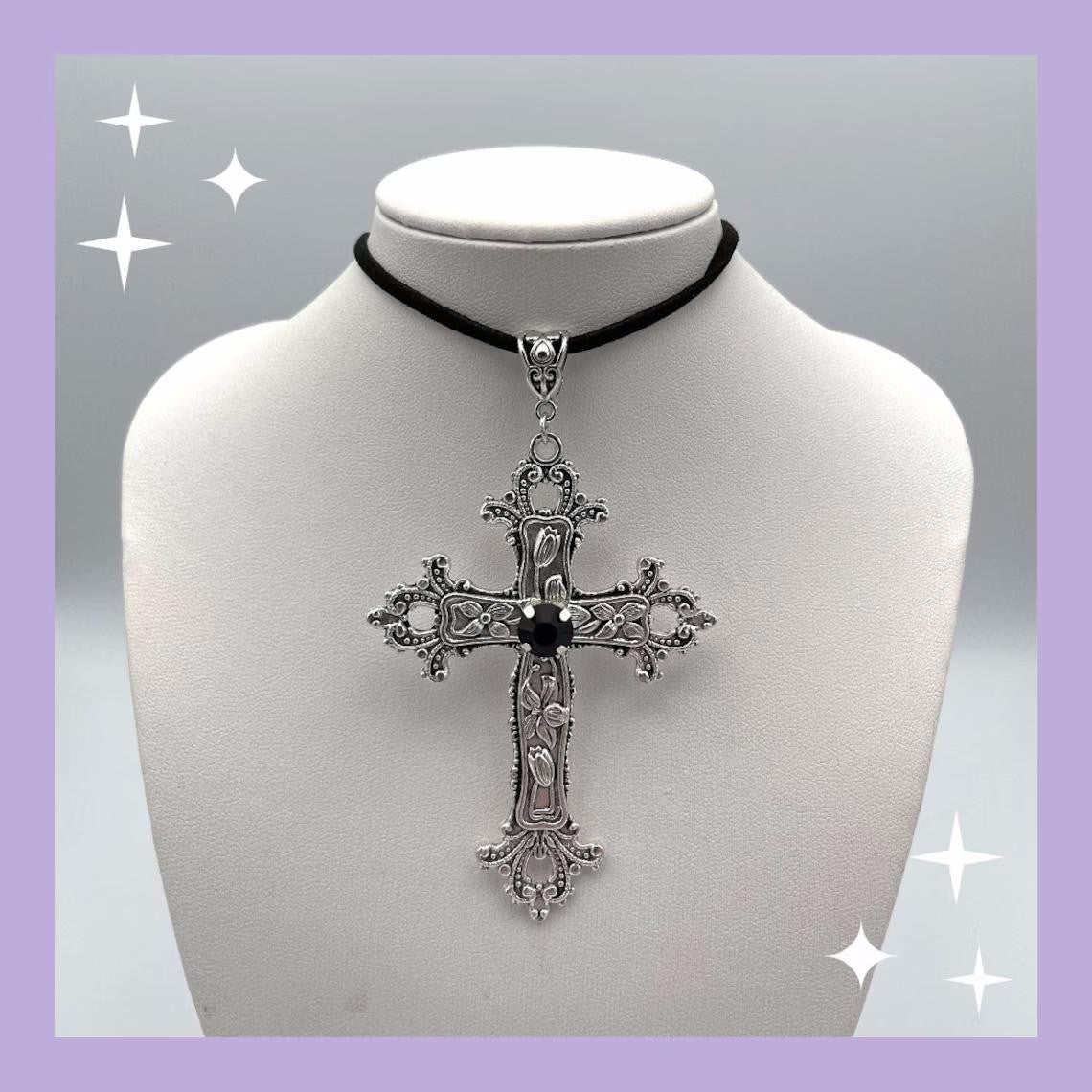 Gothic Cross Necklace For Women Men Punk Hollow Flower Cross Charms Choker Chain Vampires Pendant Jewelry Party Accessories Gift