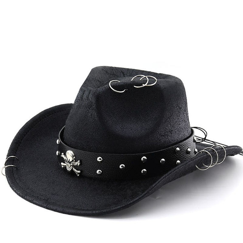 Unisex PU Leather Cowboy Hat - Western Style Panama Skull Belt for Party, Studded Metal Skeleton Festival Accessory