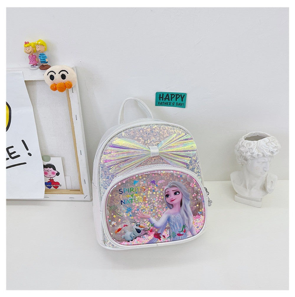Mochila Mini de Glitter Princesa Elsa de Frozen da Disney, Linda com Laço de Lantejoulas, Bolsa Escolar de Jardim de Infância para Meninas, Desenho Animado Infantil, Mochila de Ombro Duplo