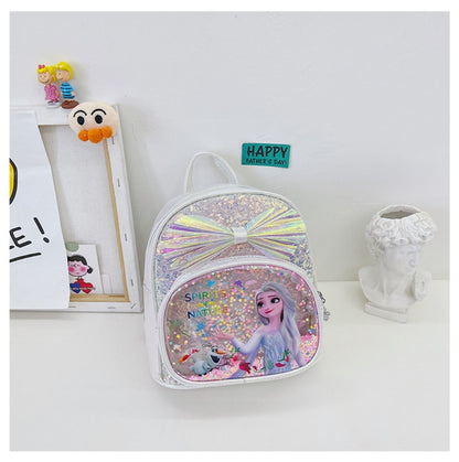Mochila Mini de Glitter Princesa Elsa de Frozen da Disney, Linda com Laço de Lantejoulas, Bolsa Escolar de Jardim de Infância para Meninas, Desenho Animado Infantil, Mochila de Ombro Duplo