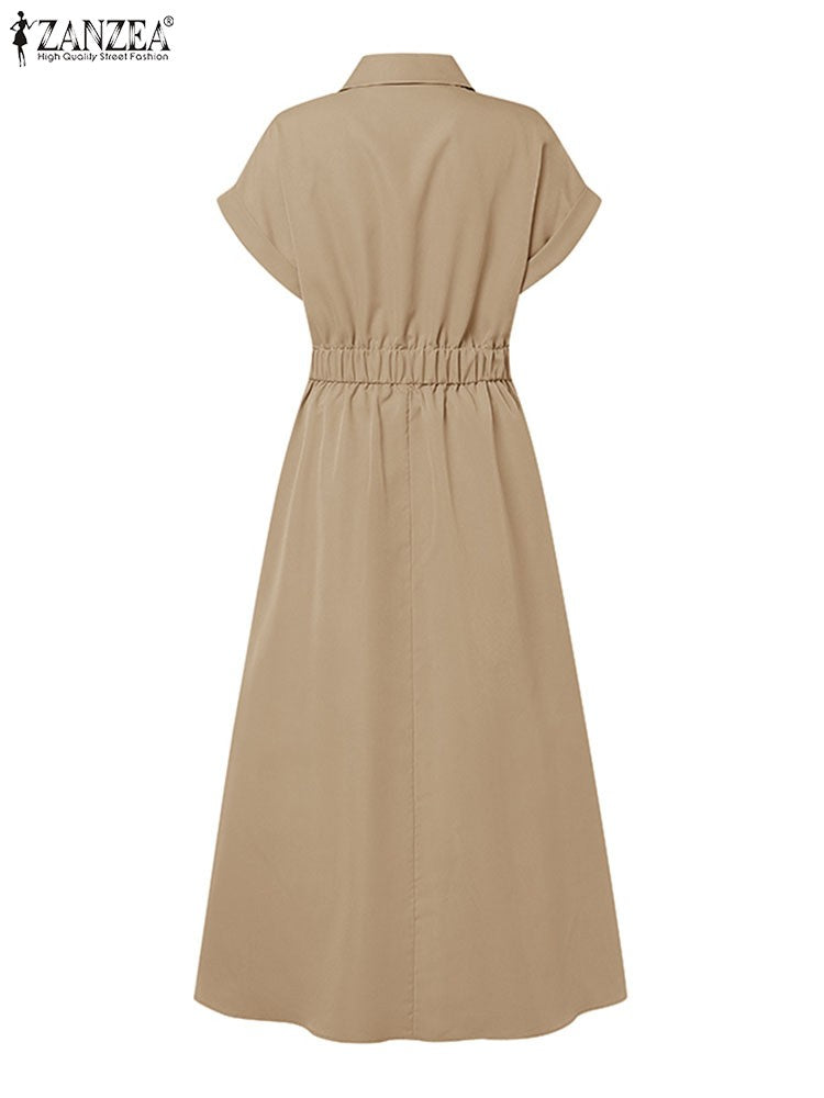 ZANZEA Women Fashion Summer Shirt Dress 2025 Elegant High Waist Short Sleeve Mid