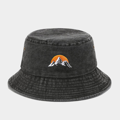 1 "sunrise" printed washed retro sunshade embroidered fisherman hat outdoor fashion accessory, made of polyester fabric