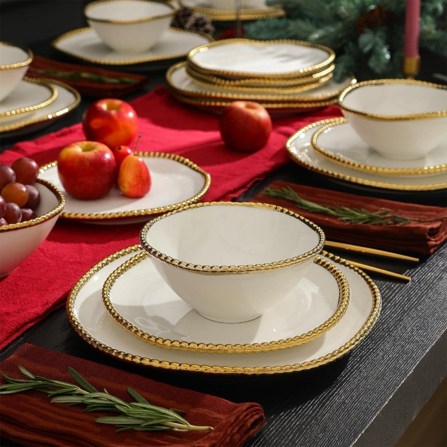 Christian Siriano Akoya Porcelain Dinnerware Set 24Piece Dish Set for 8 Plates and Bowls Set White and Gold