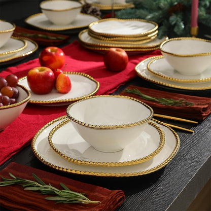Christian Siriano Akoya Porcelain Dinnerware Set 24Piece Dish Set for 8 Plates and Bowls Set White and Gold