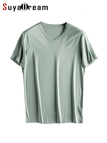 SuyaDream Mens Solid Tee Cotton Silk Blend Plain O neck Short Sleeved Cozy T Shirts 2025 Summer Simple Chic Top White Black